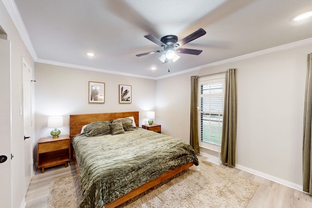 6808 Westglen Dr, Fort Worth, TX 76133 - bedroom with ornamental molding, light hardwood / wood-style floors, and ceiling fan