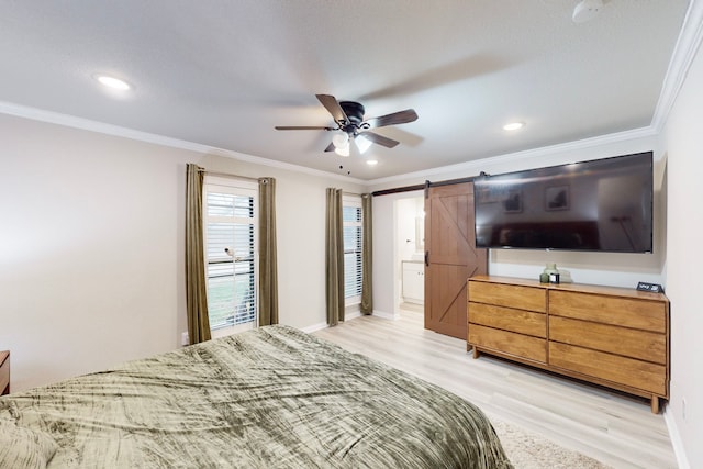 6808 Westglen Dr, Fort Worth, TX 76133 - bedroom featuring ceiling fan, ensuite bathroom, light hardwood / wood-style floors, ornamental molding, and a barn door