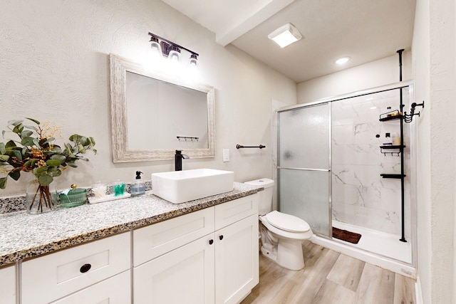 6808 Westglen Dr, Fort Worth, TX 76133 - bathroom with a shower with door, vanity, hardwood / wood-style flooring, and toilet