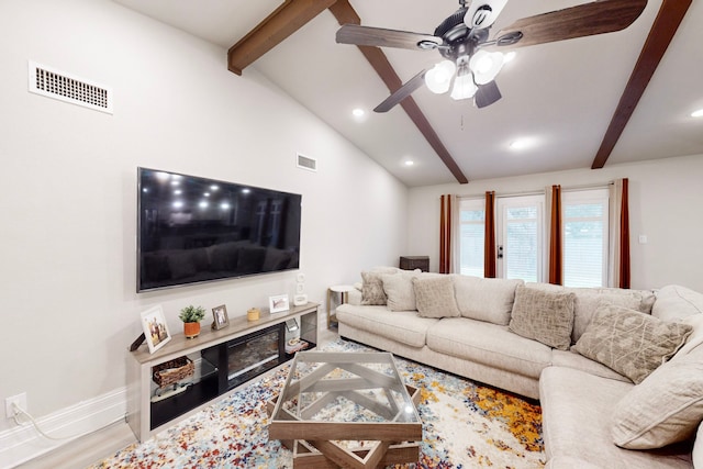 6808 Westglen Dr, Fort Worth, TX 76133 - living room with hardwood / wood-style flooring, ceiling fan, and vaulted ceiling with beams