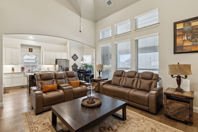 9916 Villa Verde Dr, Fort Worth, TX 76179 - living area with light wood-type flooring, arched walkways, and a towering ceiling