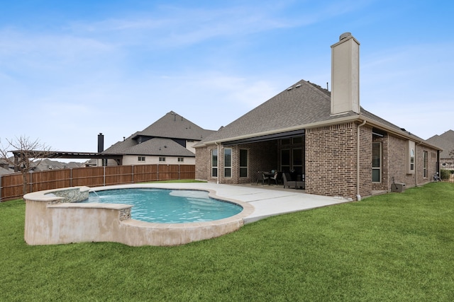 view of swimming pool with a fenced in pool, a lawn, a fenced backyard, and a patio area