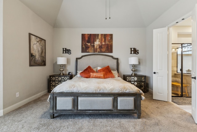 carpeted bedroom with baseboards and vaulted ceiling