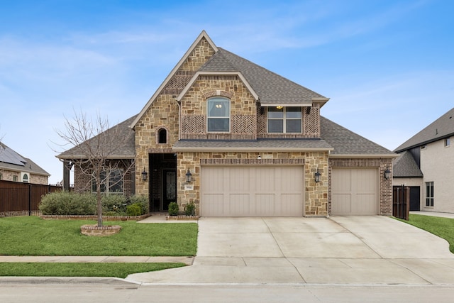 french country home with driveway, roof with shingles, fence, a front yard, and brick siding