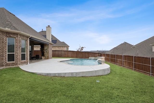 view of swimming pool featuring a patio area, a yard, a fenced backyard, and a fenced in pool