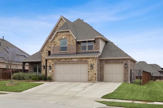 view of front of property featuring stone siding, driveway, a front yard, and roof with shingles