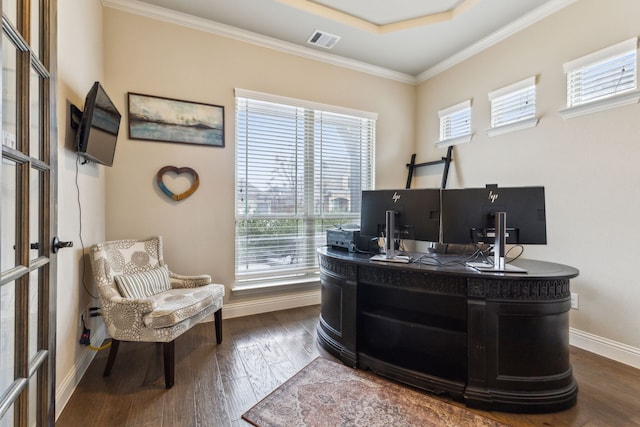 home office featuring ornamental molding and dark hardwood / wood-style floors