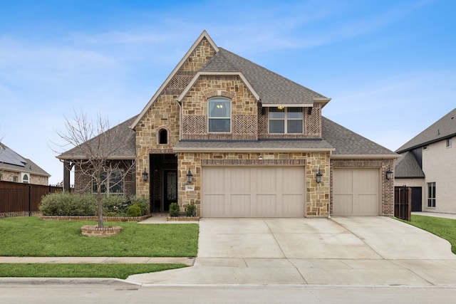 french country style house with a front yard, fence, roof with shingles, concrete driveway, and stone siding