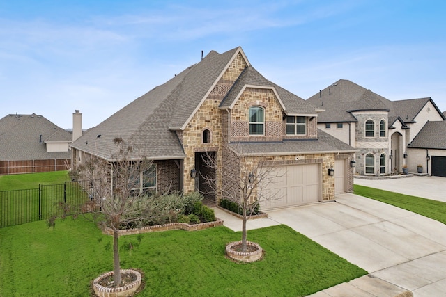 french country inspired facade with a front yard, fence, driveway, roof with shingles, and stone siding