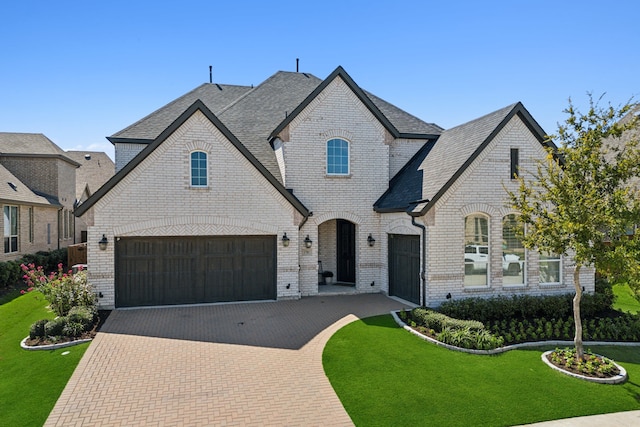 french provincial home featuring a garage and a front lawn