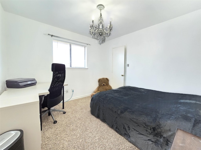 carpeted bedroom with a notable chandelier