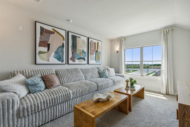 living room with light carpet and lofted ceiling