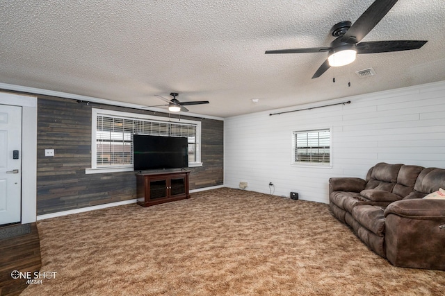 living room featuring ceiling fan, plenty of natural light, carpet flooring, and a textured ceiling