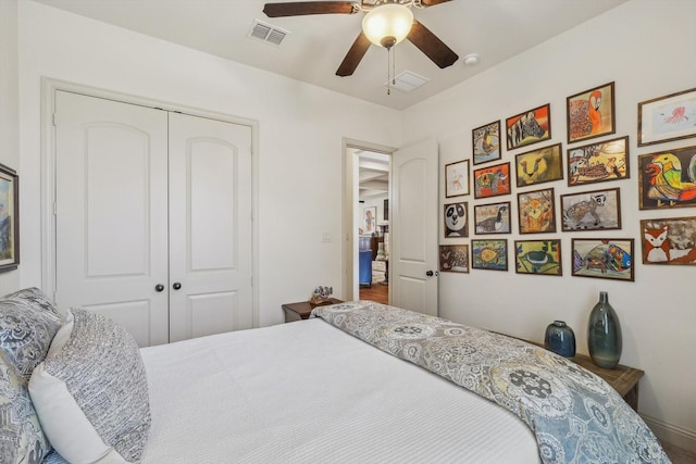 bedroom featuring a closet and ceiling fan