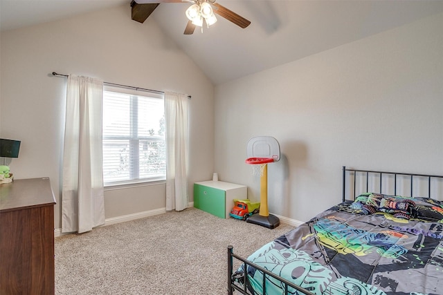 carpeted bedroom featuring vaulted ceiling with beams and ceiling fan