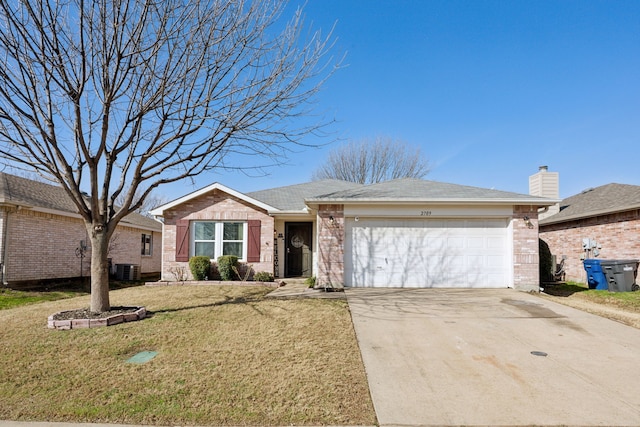 ranch-style home with a garage, central AC unit, and a front lawn