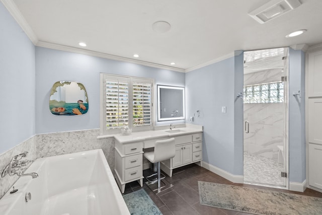 4800 Lusk Ln, Flower Mound, TX 75028 - bathroom featuring a garden tub, crown molding, vanity, a shower stall, and healthy amount of natural light