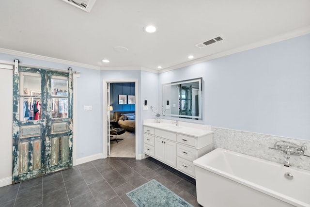 4800 Lusk Ln, Flower Mound, TX 75028 - full bathroom with a freestanding tub, vanity, crown molding, connected bathroom, and recessed lighting