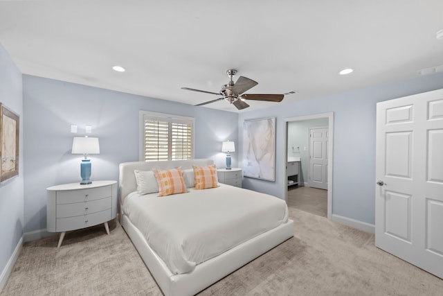 4800 Lusk Ln, Flower Mound, TX 75028 - bedroom with light colored carpet, baseboards, recessed lighting, and a ceiling fan