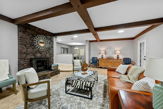 living room featuring a stone fireplace and beam ceiling