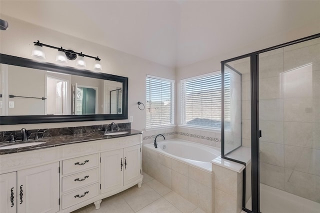 bathroom featuring vanity, tile patterned floors, and independent shower and bath