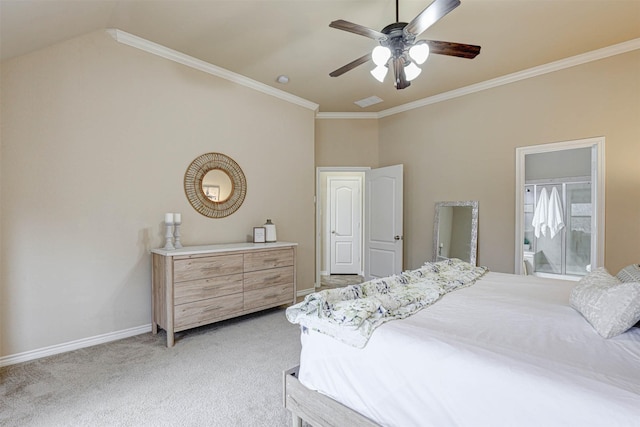 bedroom featuring crown molding, connected bathroom, light colored carpet, and ceiling fan