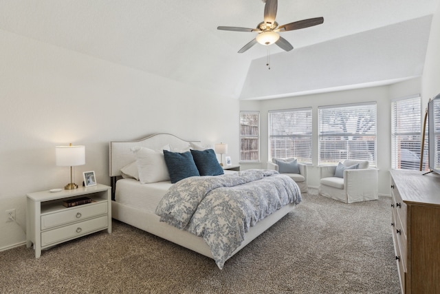 bedroom featuring ceiling fan, vaulted ceiling, and carpet