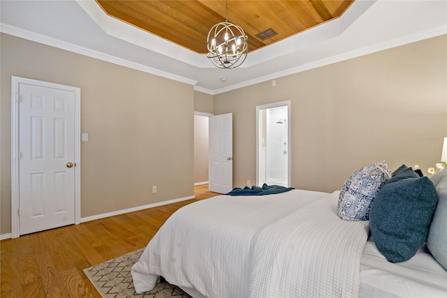 bedroom with a chandelier, ornamental molding, a tray ceiling, wooden ceiling, and light wood-type flooring