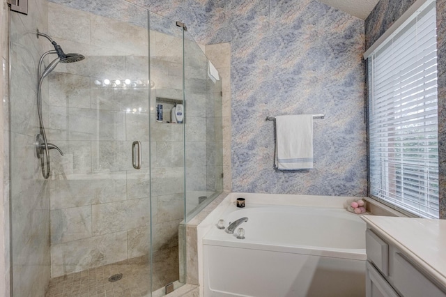 bathroom with vanity and plus walk in shower