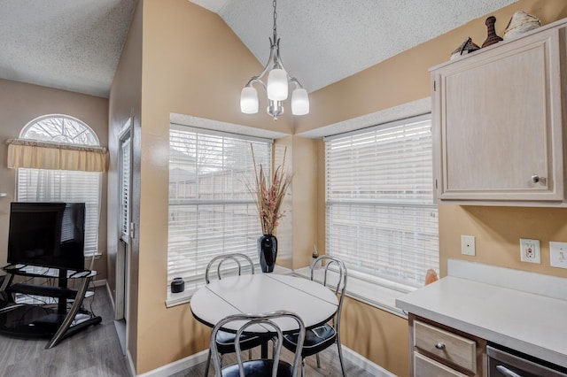 dining room featuring lofted ceiling, a notable chandelier, hardwood / wood-style flooring, and a textured ceiling