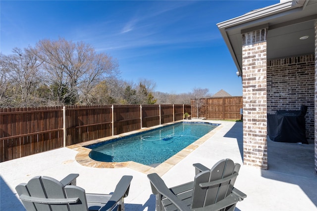 view of swimming pool with a fenced in pool, a fenced backyard, and a patio area