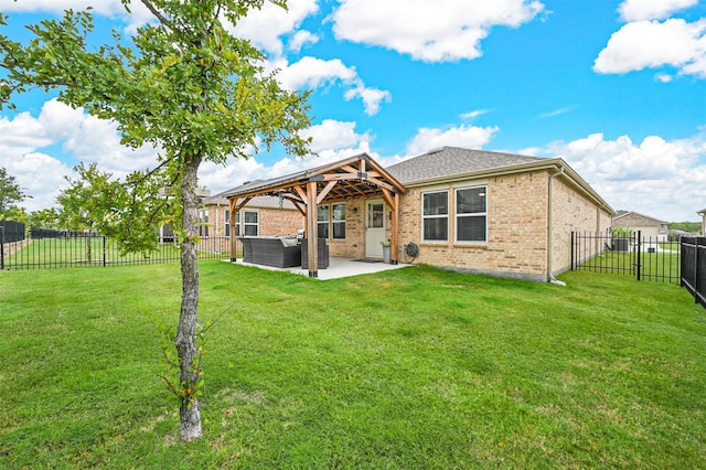 back of house featuring an outdoor hangout area, a patio, and a lawn