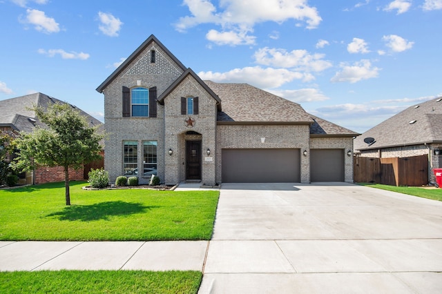 french country style house with a garage and a front lawn