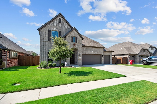 french country home featuring a garage and a front lawn