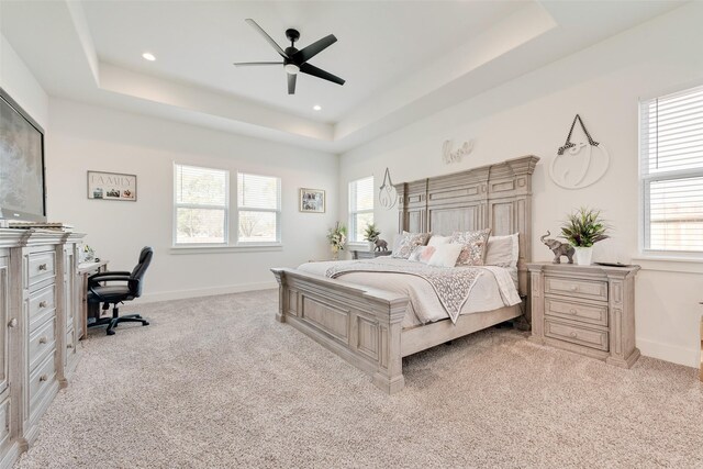 327 Lovers Ln, Terrell, TX 75160 - bedroom featuring a tray ceiling, light colored carpet, multiple windows, and baseboards