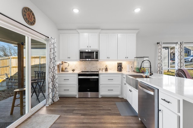 kitchen with dark wood-type flooring, sink, white cabinetry, stainless steel appliances, and decorative backsplash