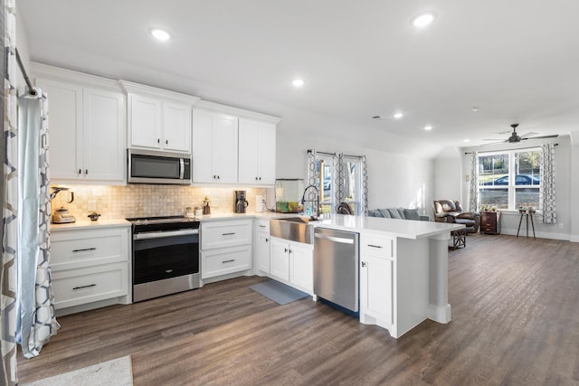 kitchen with sink, dark wood-type flooring, white cabinetry, stainless steel appliances, and kitchen peninsula