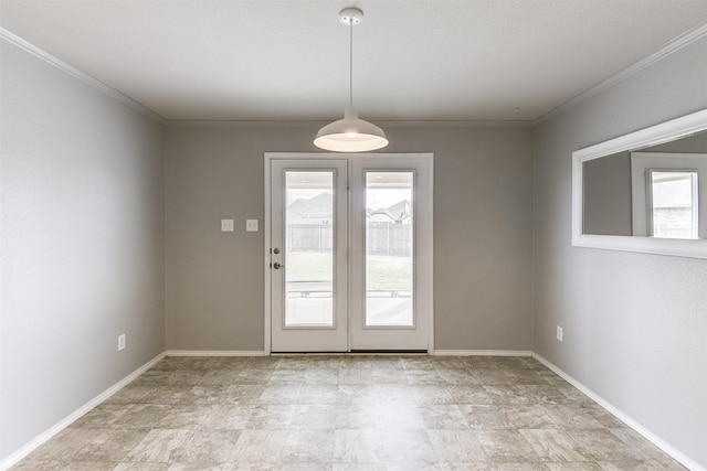 doorway to outside with ornamental molding