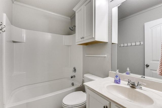 full bathroom with toilet, crown molding, a textured ceiling, vanity, and shower / bath combination