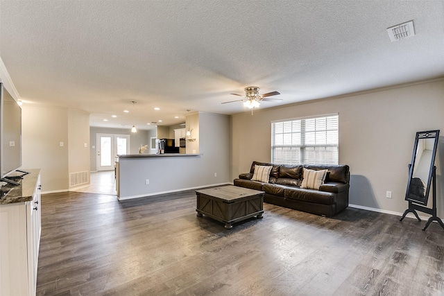 living room with ceiling fan, dark hardwood / wood-style floors, and a textured ceiling