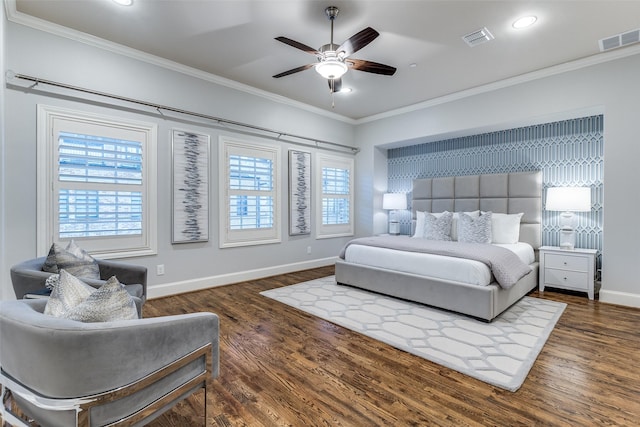 bedroom featuring crown molding, ceiling fan, and dark hardwood / wood-style flooring