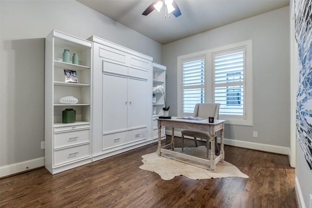 office area featuring ceiling fan and dark hardwood / wood-style flooring