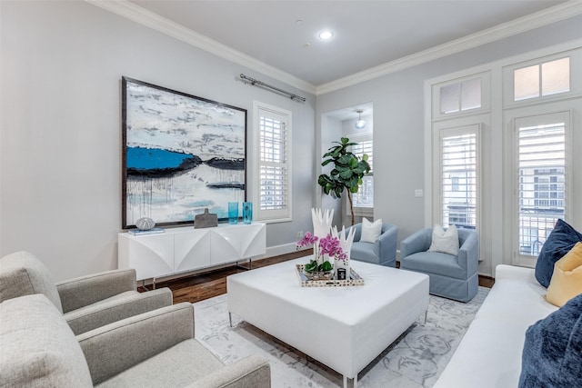 living room featuring ornamental molding and light hardwood / wood-style flooring