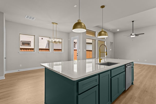 kitchen featuring light wood-style flooring, visible vents, a sink, green cabinets, and stainless steel dishwasher
