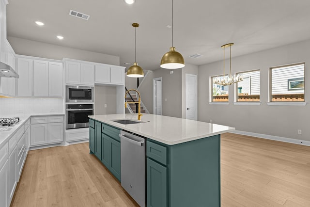 kitchen with green cabinets, white cabinets, visible vents, a sink, and stainless steel appliances