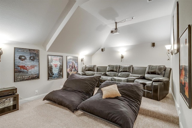 cinema with lofted ceiling and carpet flooring