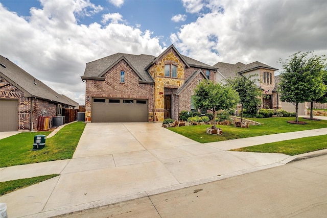 craftsman-style house with a garage, central AC, and a front lawn