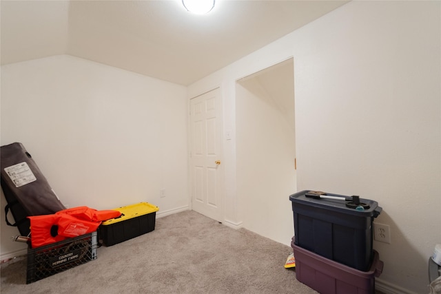 miscellaneous room featuring light carpet and vaulted ceiling