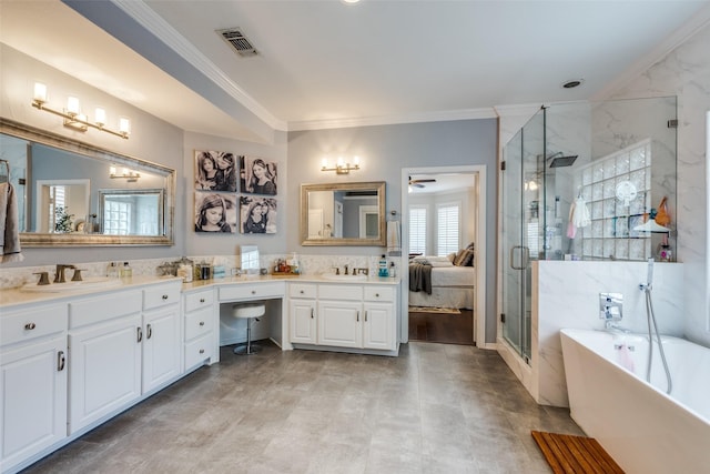 bathroom with vanity, ceiling fan, ornamental molding, and separate shower and tub