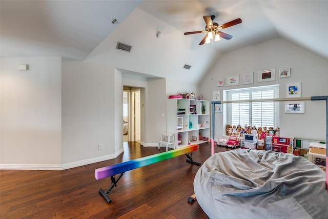 game room featuring lofted ceiling, hardwood / wood-style floors, and ceiling fan